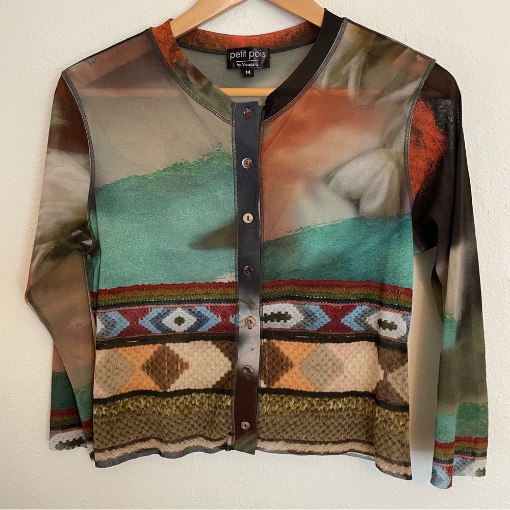 Petit Pois by Viviana G Long Sleeve Top Sz M Abstract Crop‎ Cardigan Earth Tones